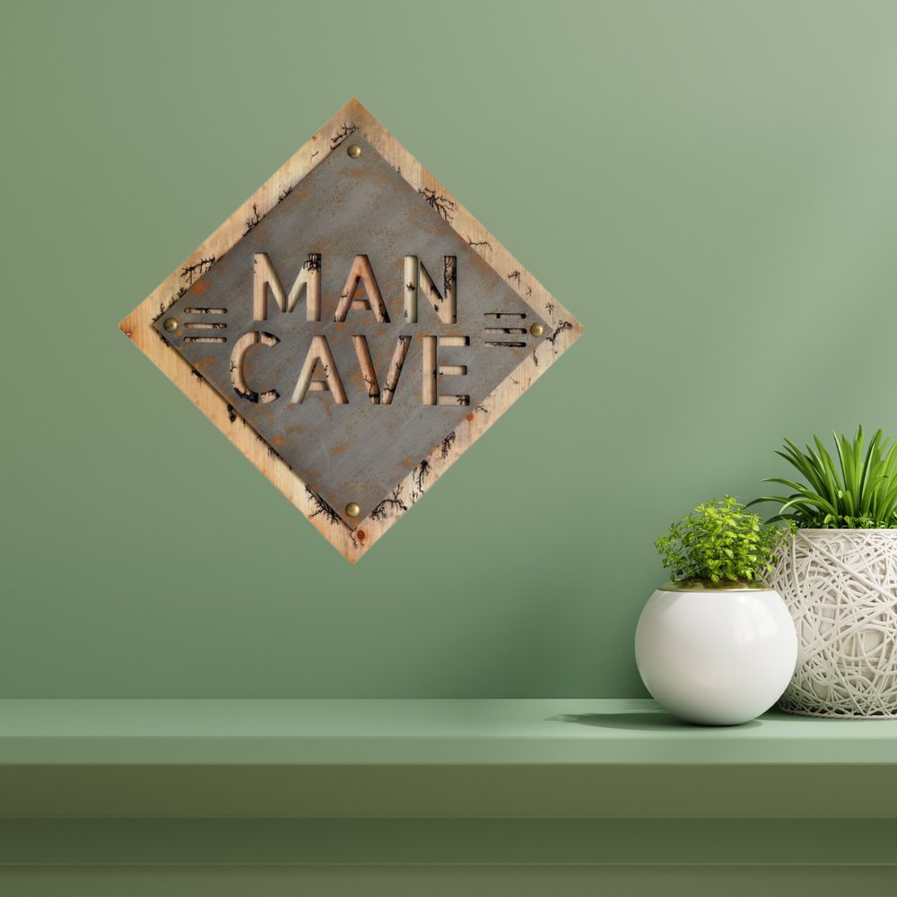 19" X 18" Gray And Natural Man Cave Metal And Wood Wall Decor