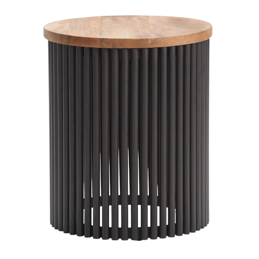 21" Natural Natural and Black Solid Wood and Iron Round Drum End Table