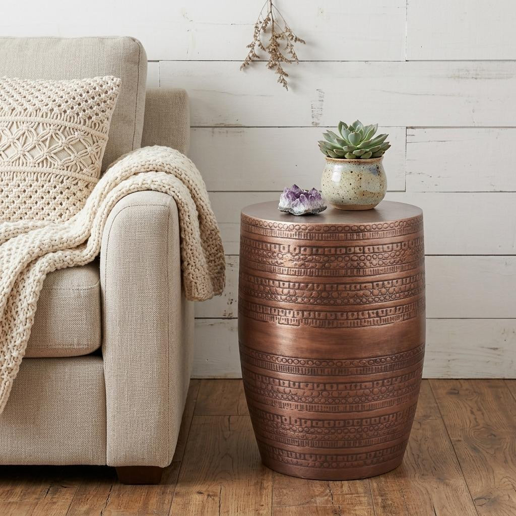 20" Textured Copper Distressed Iron Round Drum End Table