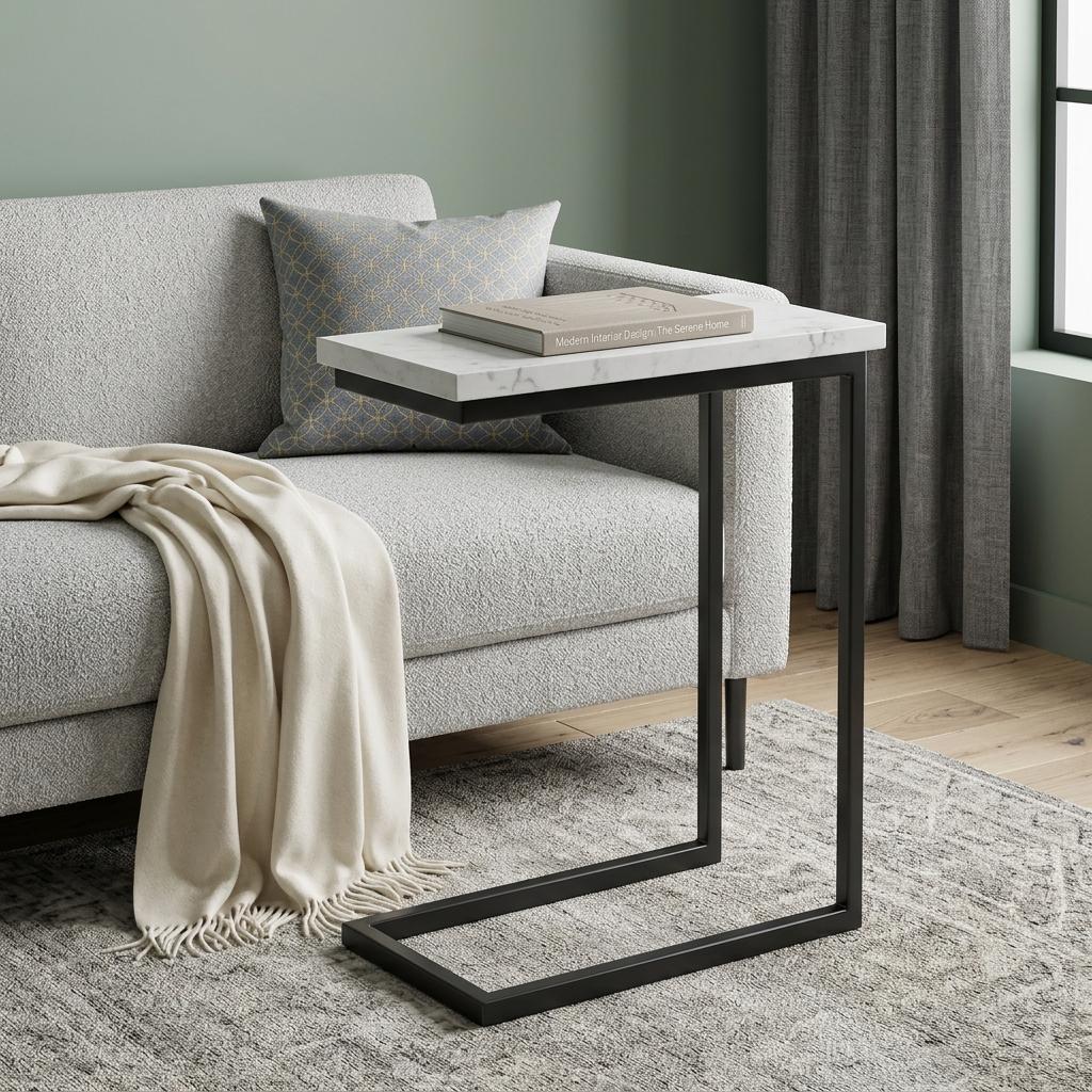 24" Glossy White and Black Marble and Iron End Table