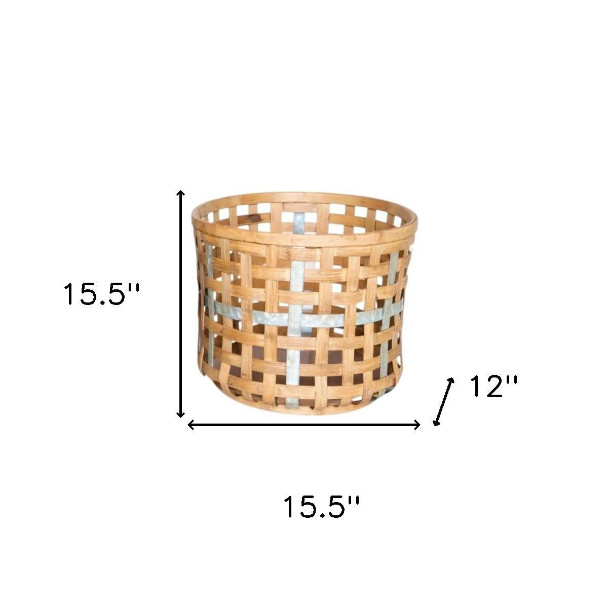 Set of Three Natural Wicker And Galvanized Metal Woven Baskets