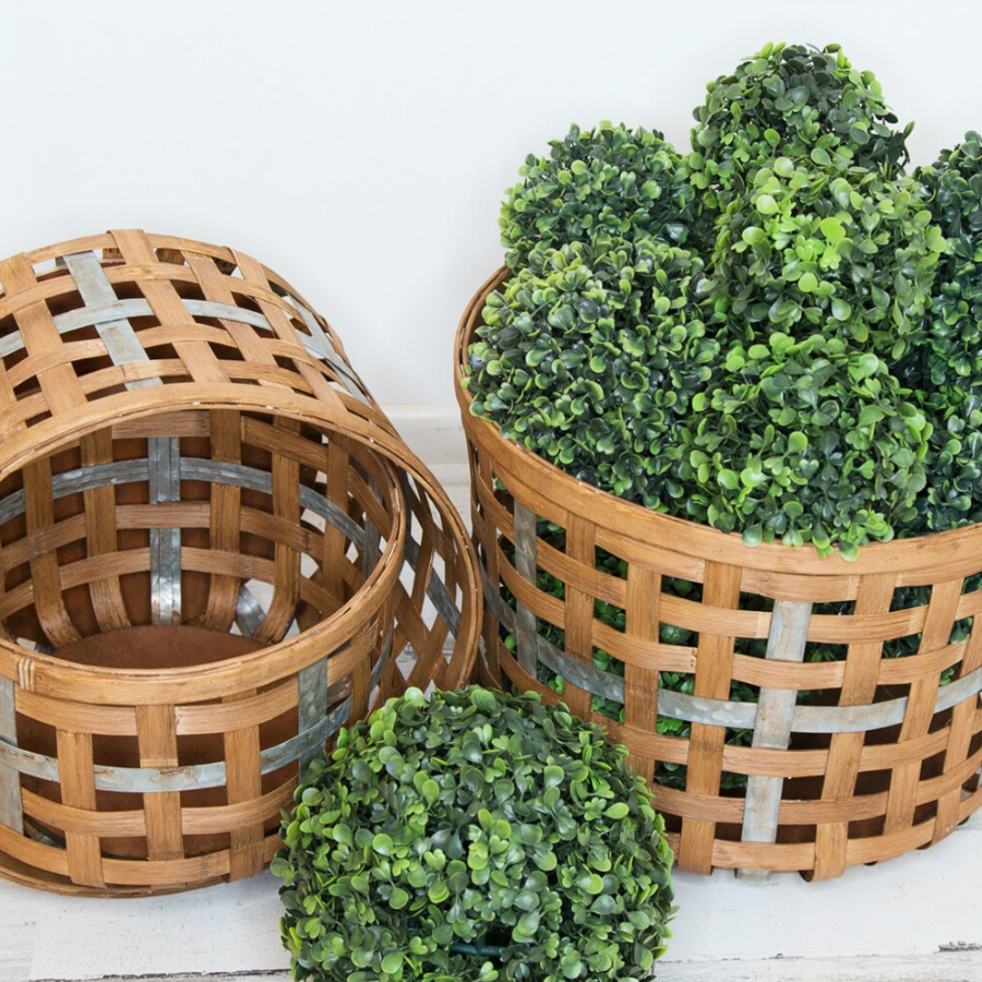 Set of Three Natural Wicker And Galvanized Metal Woven Baskets