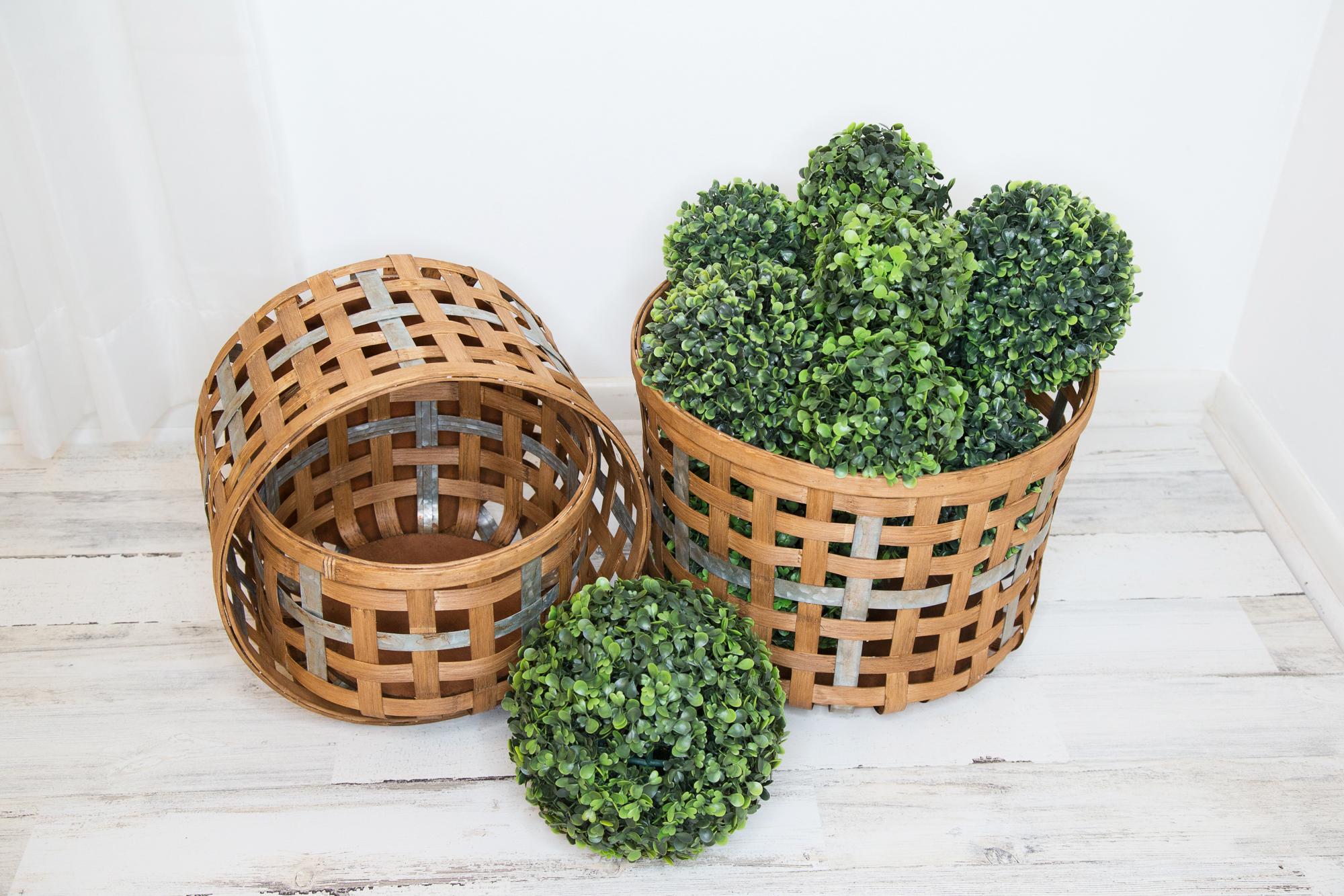Set of Three Natural Wicker And Galvanized Metal Woven Baskets
