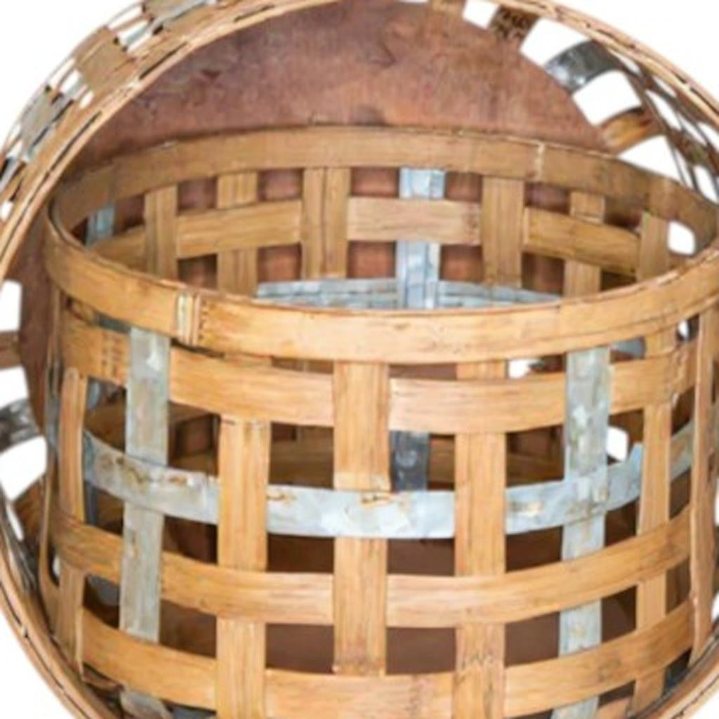 Set of Three Natural Wicker And Galvanized Metal Woven Baskets