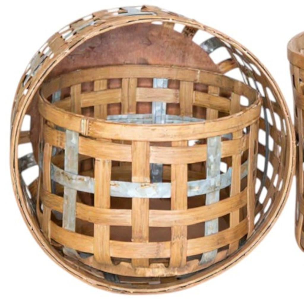 Set of Three Natural Wicker And Galvanized Metal Woven Baskets