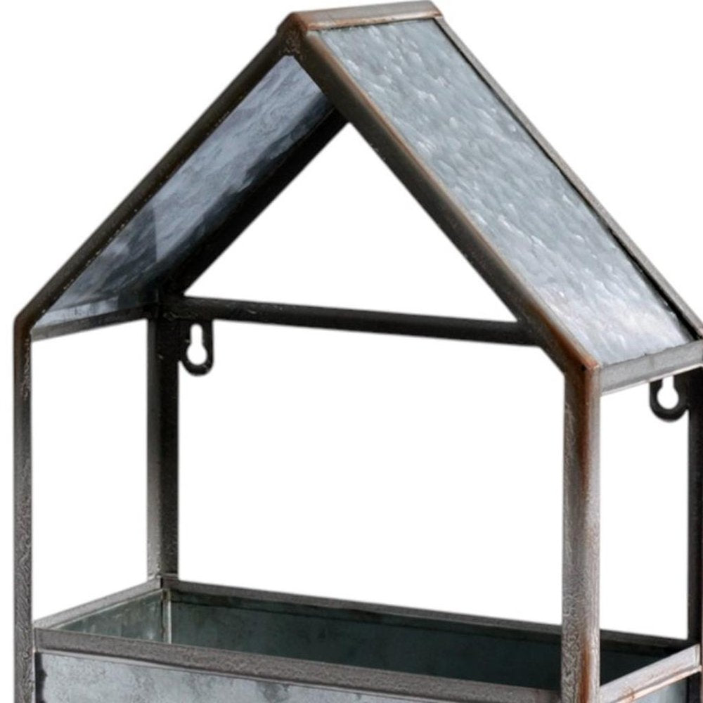 Set of Two Gray Galvanized Metal Novelty House Shaped Hanging Planters