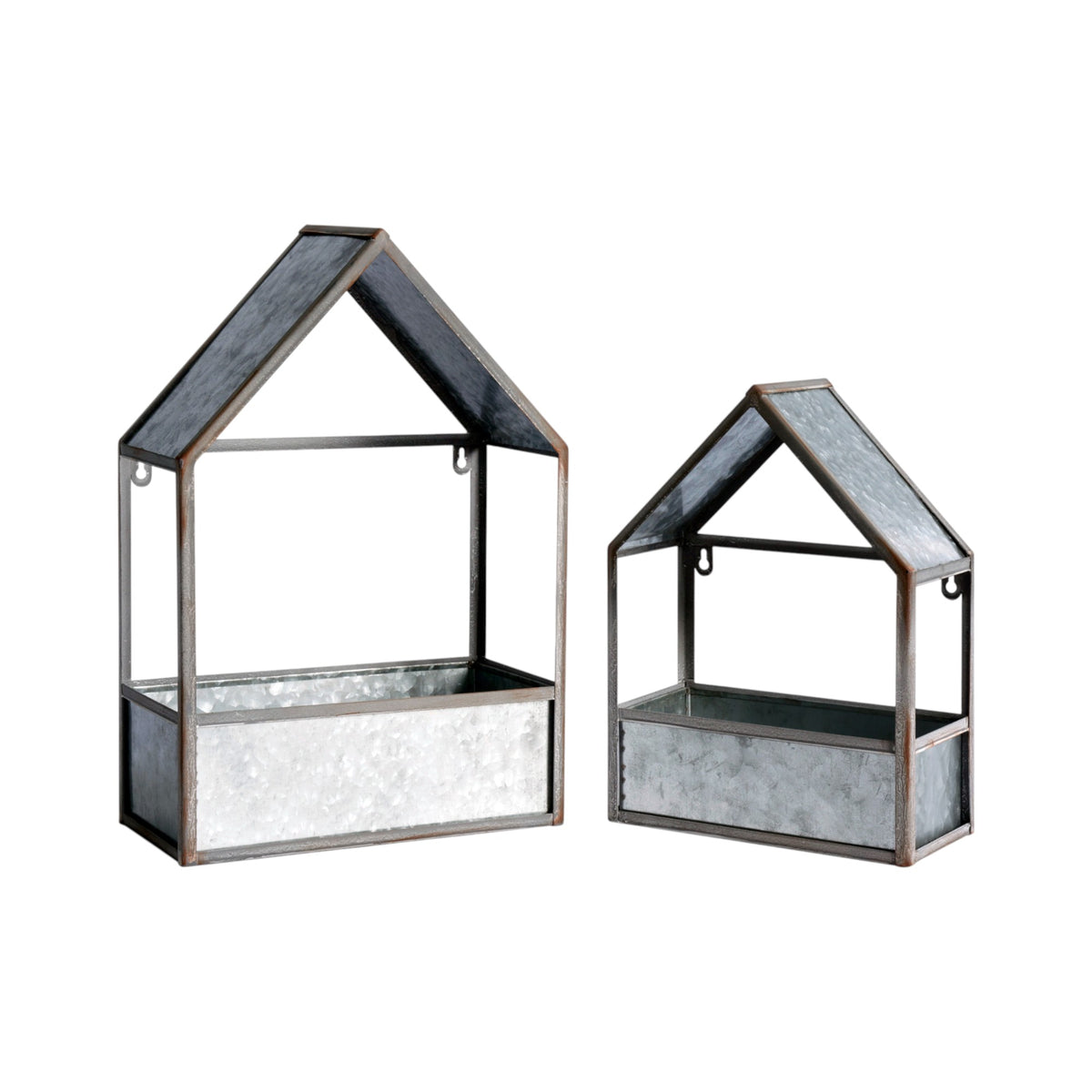 Set of Two Gray Galvanized Metal Novelty House Shaped Hanging Planters