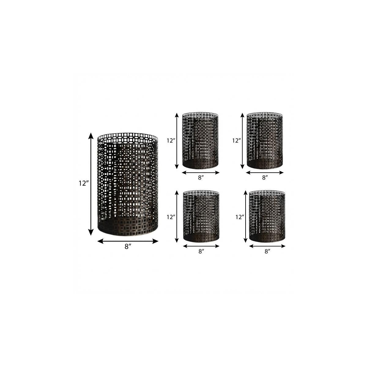Set of Five Dark Brown Pierced Geometric Metal Tabletop Hurricane Candle Holders
