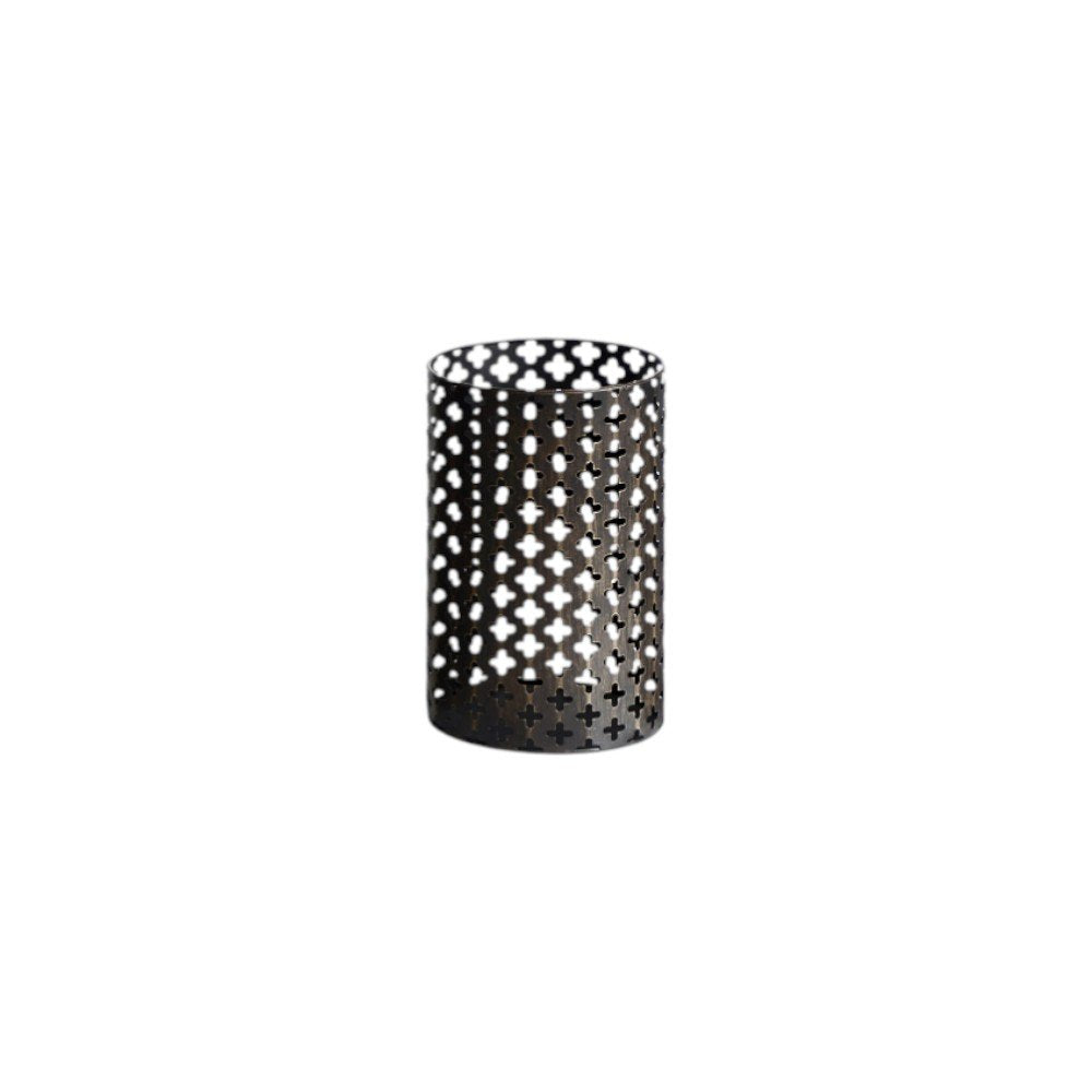 Set of Five Dark Brown Pierced Geometric Metal Tabletop Hurricane Candle Holders