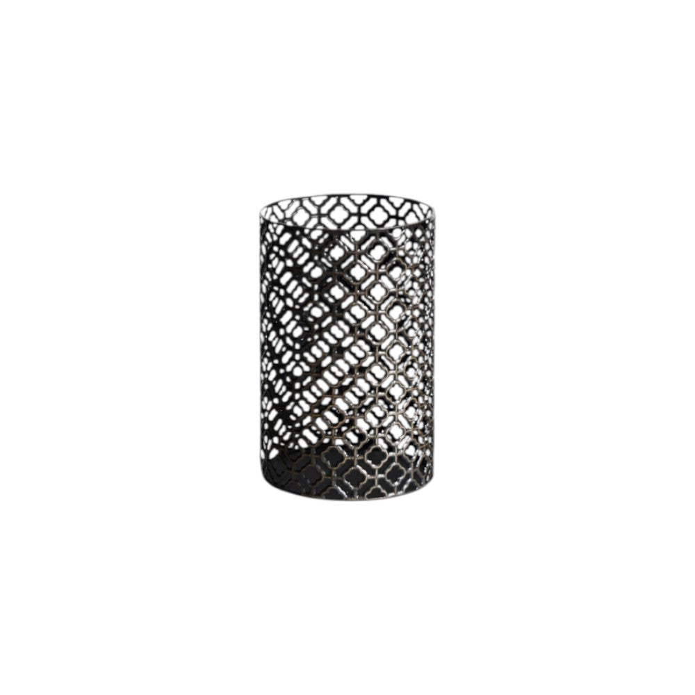 Set of Five Dark Brown Pierced Geometric Metal Tabletop Hurricane Candle Holders