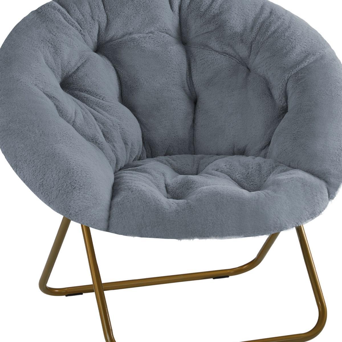 26" Gray and Bronze Tufted Faux Fur and Metal Folding Lounge Chair
