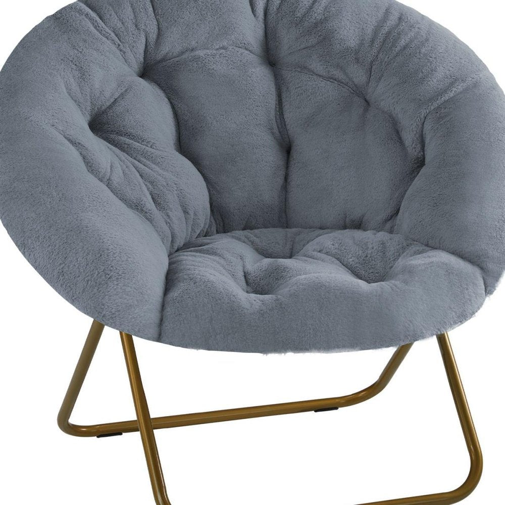 26" Gray and Bronze Tufted Faux Fur and Metal Folding Lounge Chair