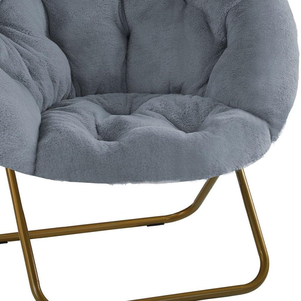 26" Gray and Bronze Tufted Faux Fur and Metal Folding Lounge Chair