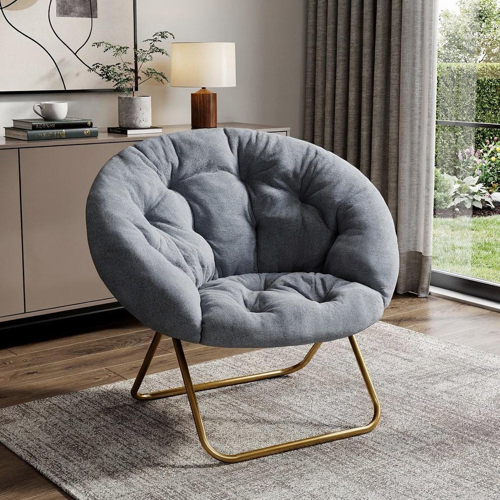 26" Gray and Bronze Tufted Faux Fur and Metal Folding Lounge Chair