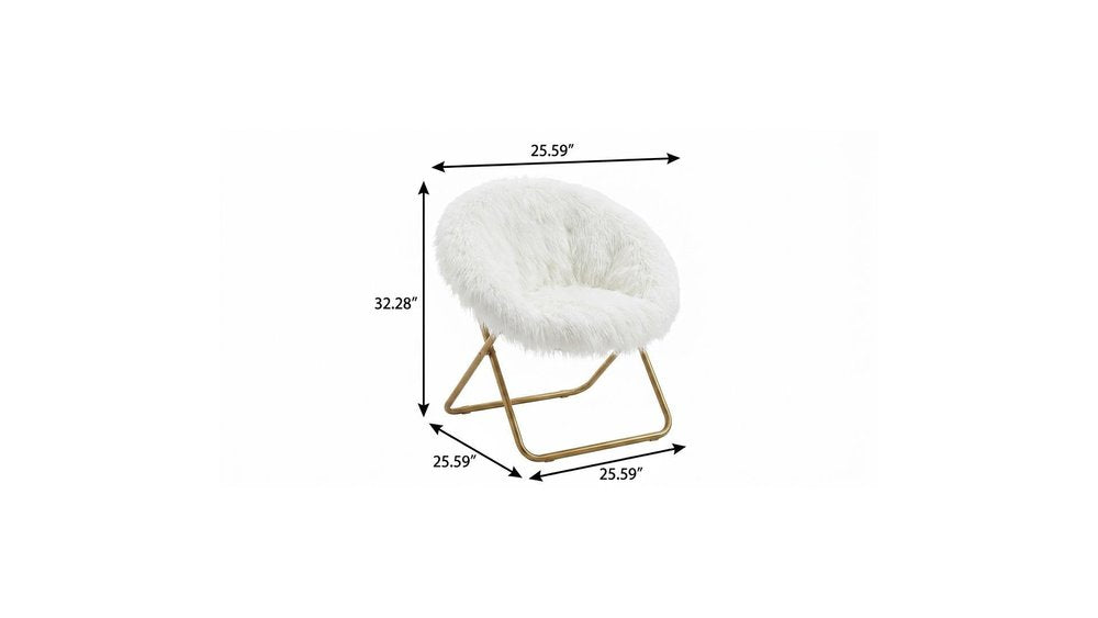 26" White and Bronze Tufted Faux Fur and Metal Lounge Chair