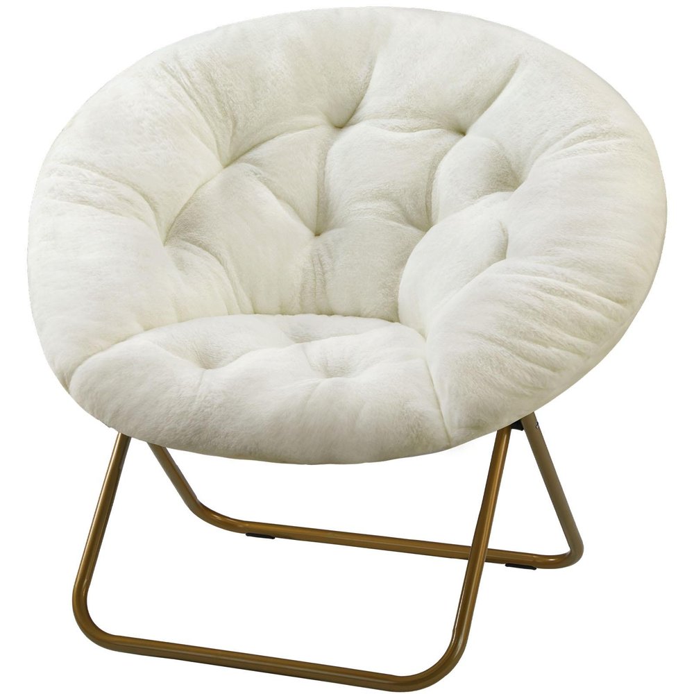 26" White and Bronze Tufted Faux Fur and Metal Lounge Chair