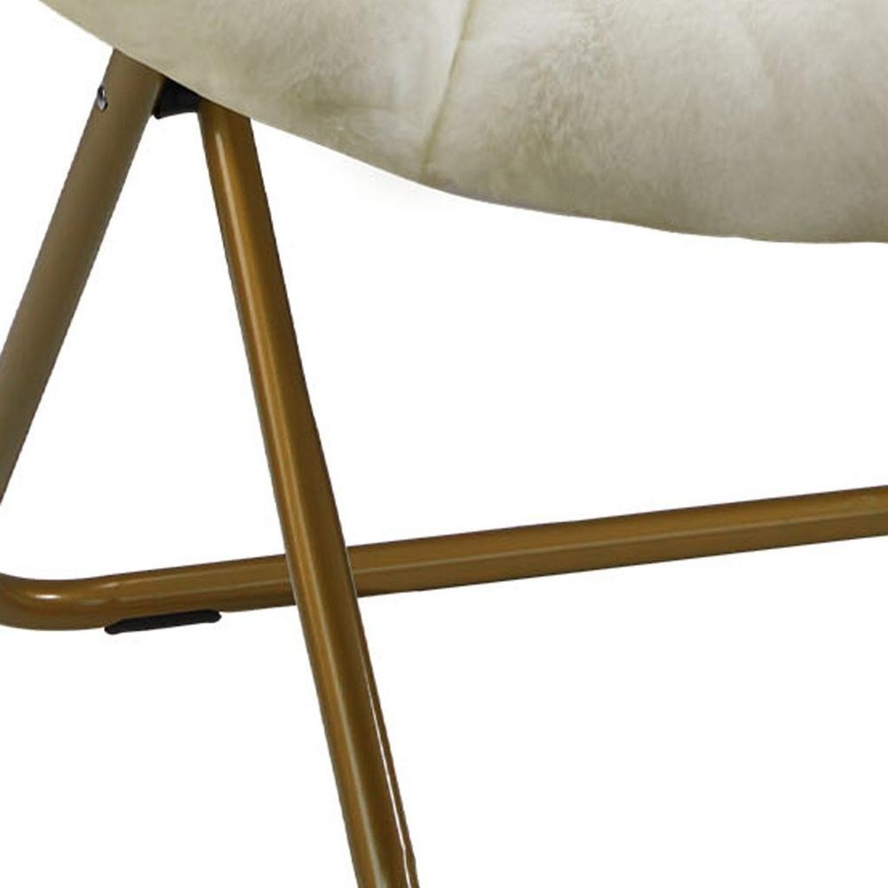 26" White and Bronze Tufted Faux Fur and Metal Lounge Chair