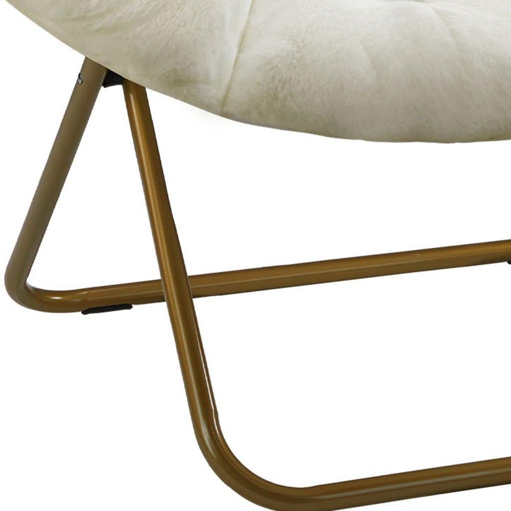 26" White and Bronze Tufted Faux Fur and Metal Lounge Chair