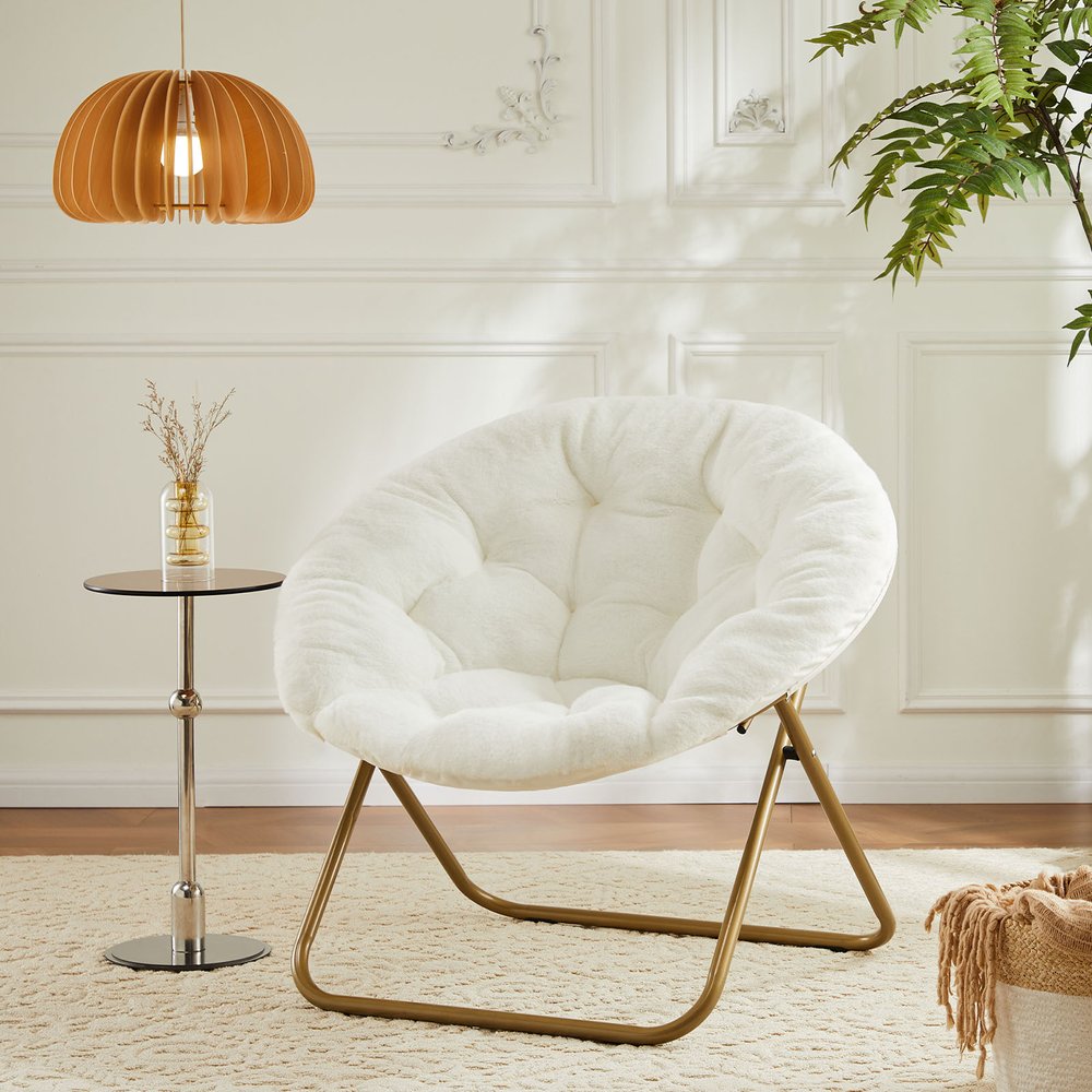 26" White and Bronze Tufted Faux Fur and Metal Lounge Chair