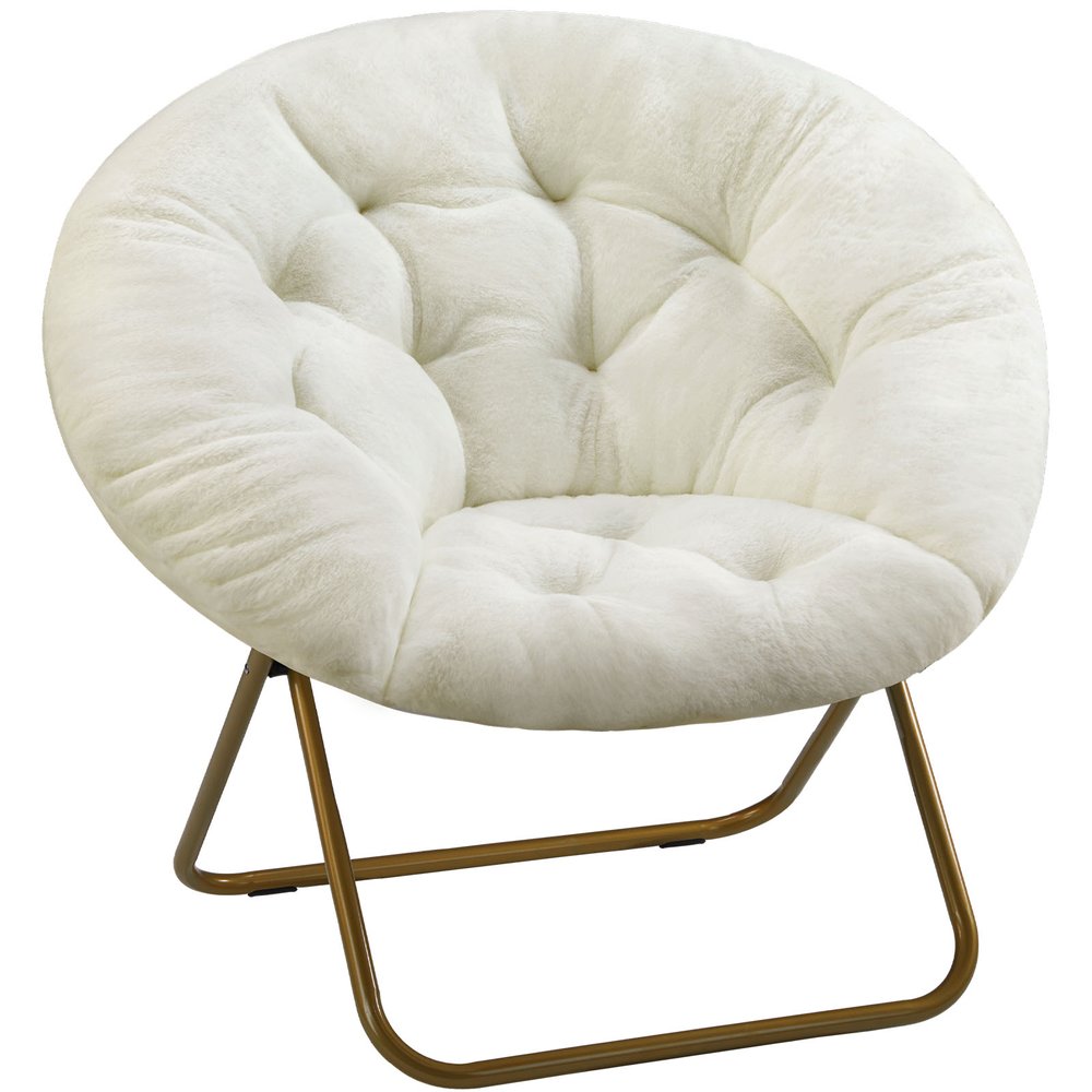 26" White and Bronze Tufted Faux Fur and Metal Lounge Chair
