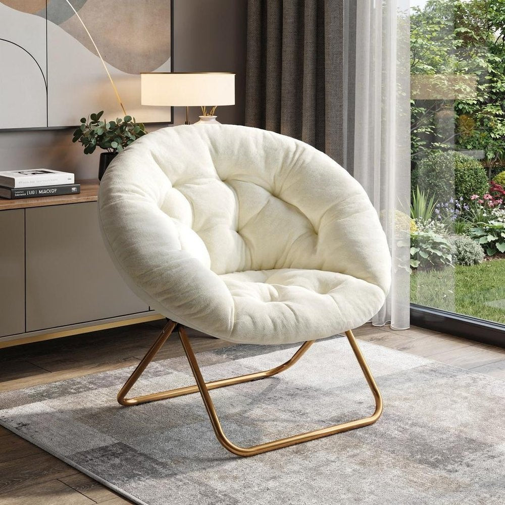 26" White and Bronze Tufted Faux Fur and Metal Lounge Chair