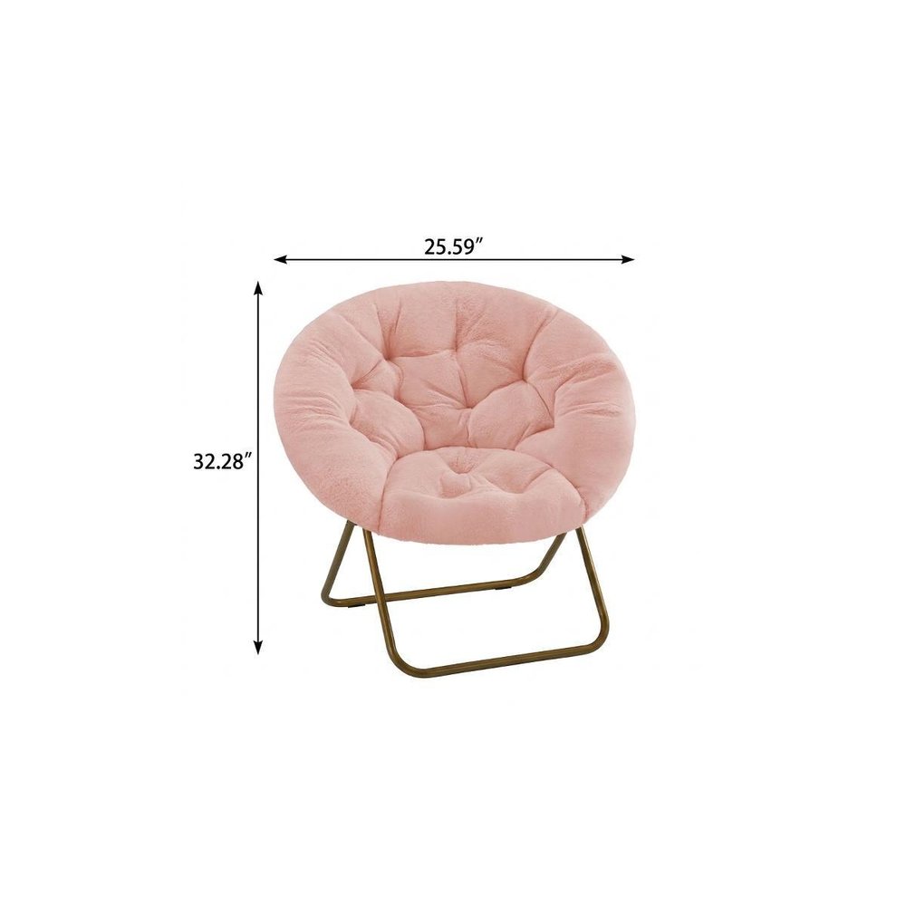 26" Pink and Bronze Tufted Faux Fur and Metal Folding Lounge Chair