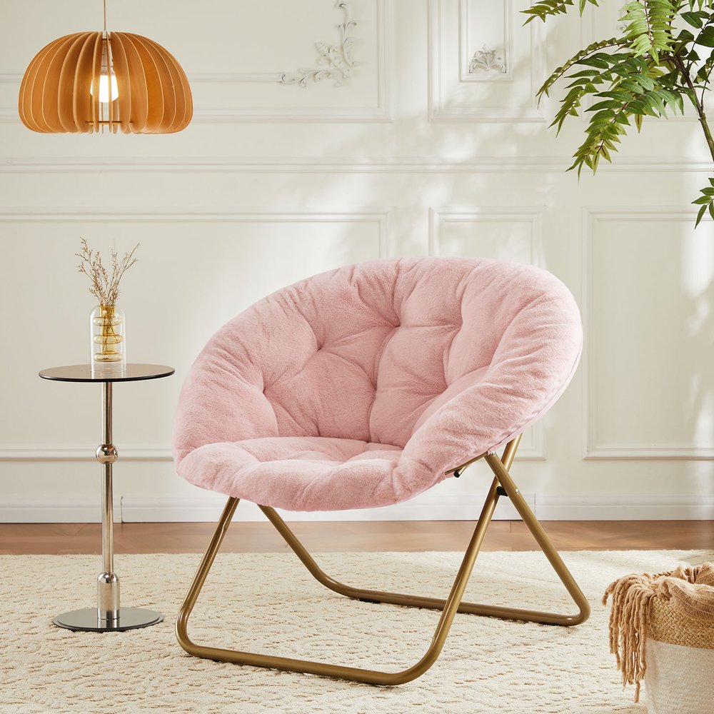 26" Pink and Bronze Tufted Faux Fur and Metal Folding Lounge Chair