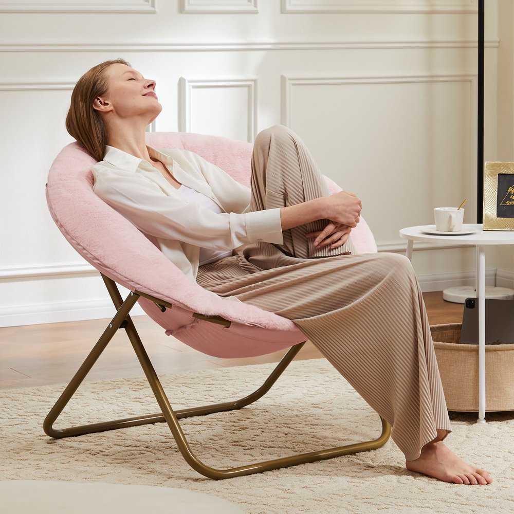 26" Pink and Bronze Tufted Faux Fur and Metal Folding Lounge Chair