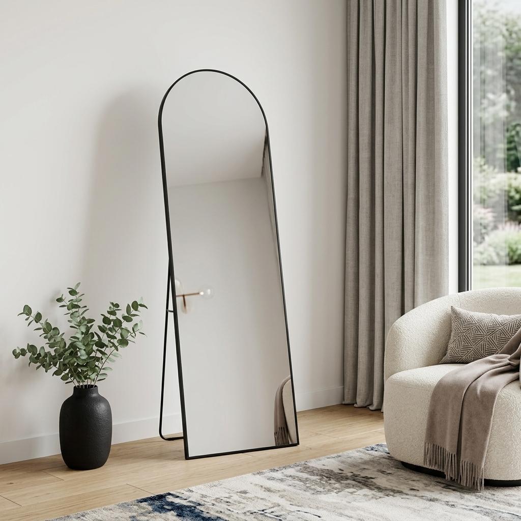 63" Black Metal Arch Freestanding and Wall Mount Framed Full Length Mirror