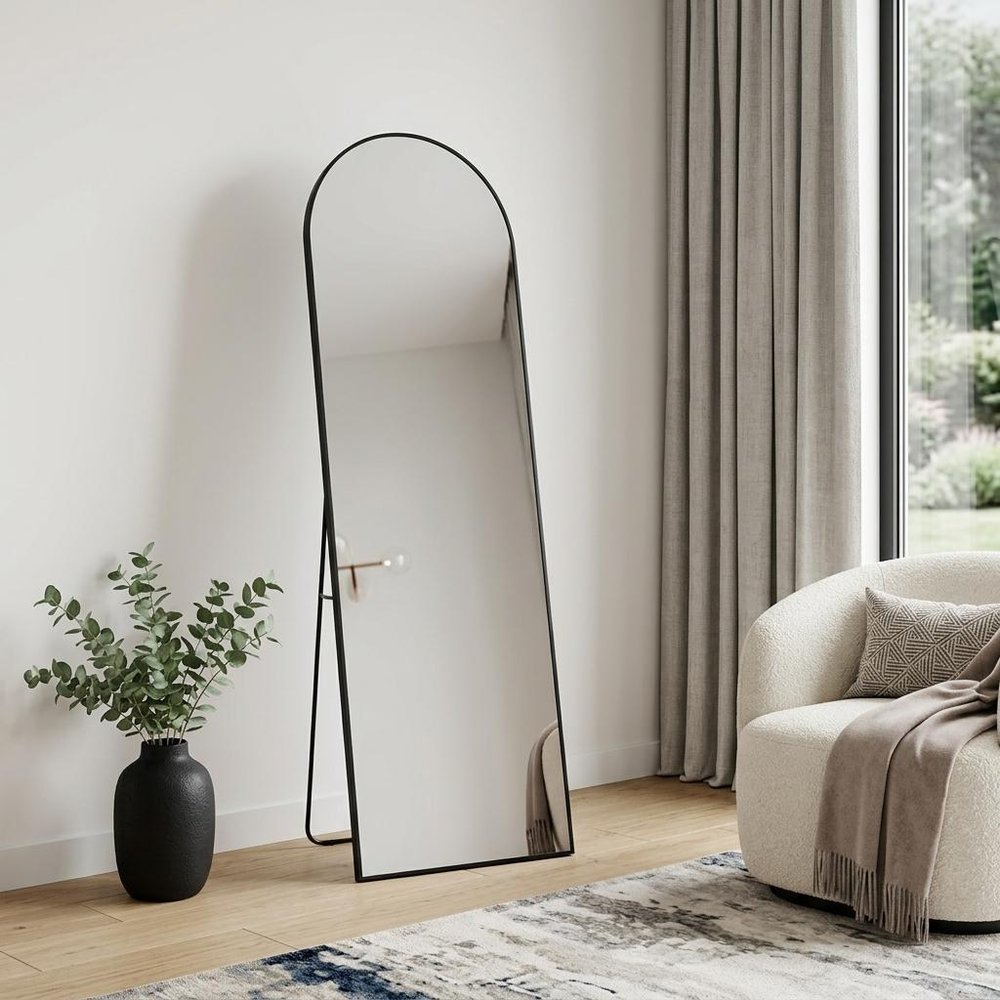 63" Black Metal Arch Freestanding and Wall Mount Framed Full Length Mirror