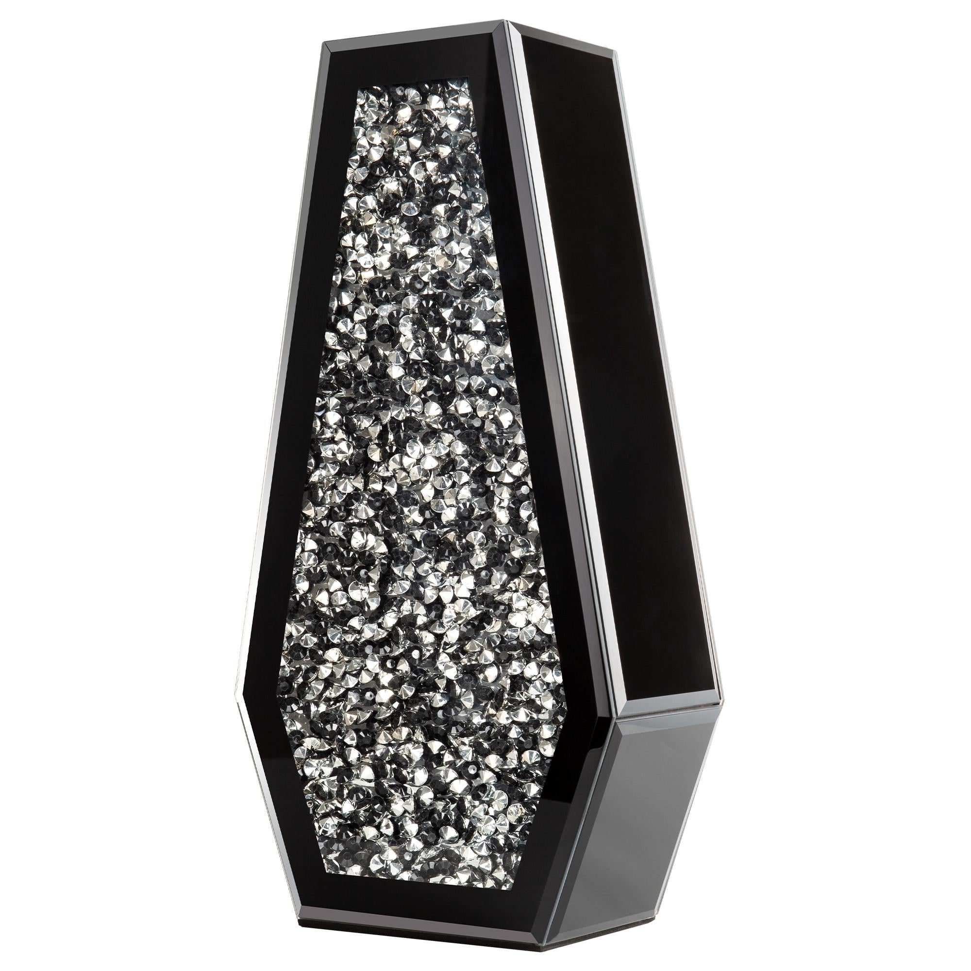 14" Black And Silver Glass Table Vase With Faux Crystals