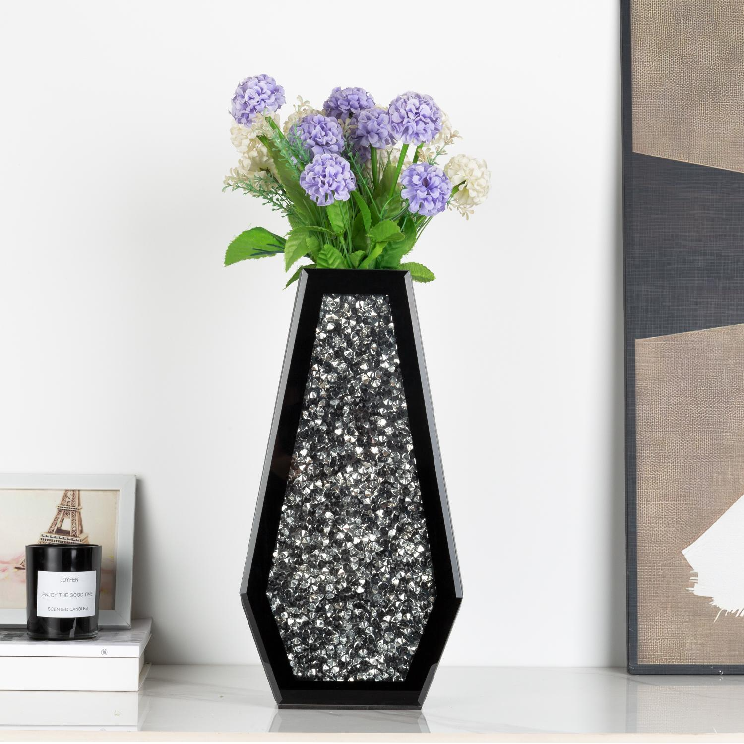 14" Black And Silver Glass Table Vase With Faux Crystals