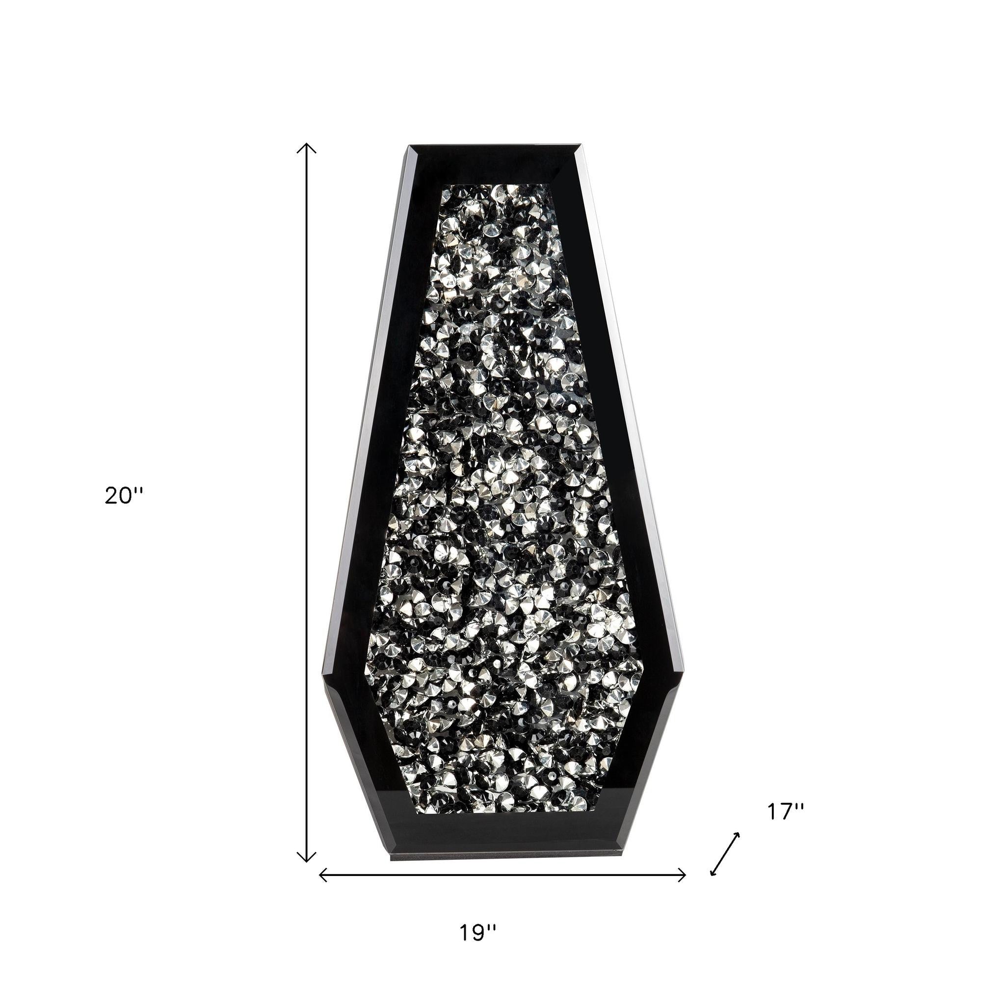 14" Black And Silver Glass Table Vase With Faux Crystals