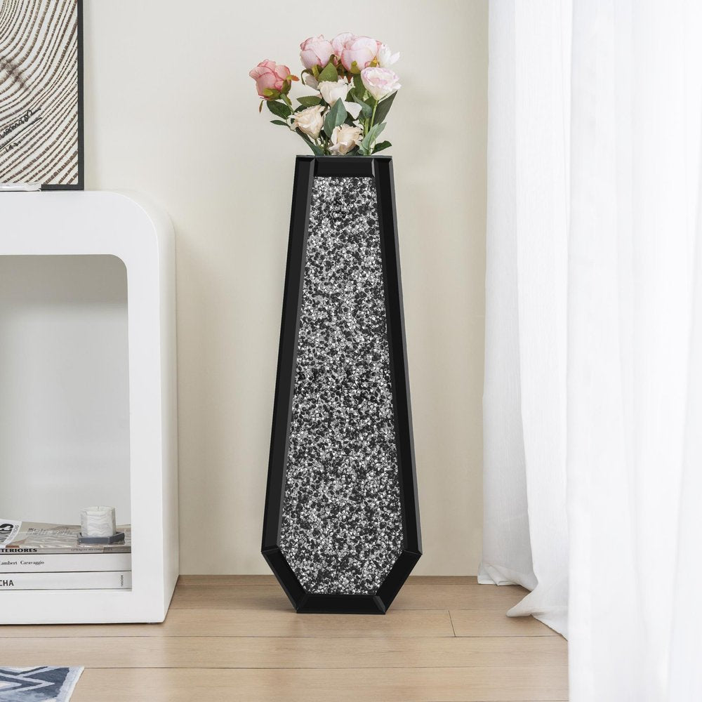 30" Black Mirrored Glass Floor Vase With Faux Crystals