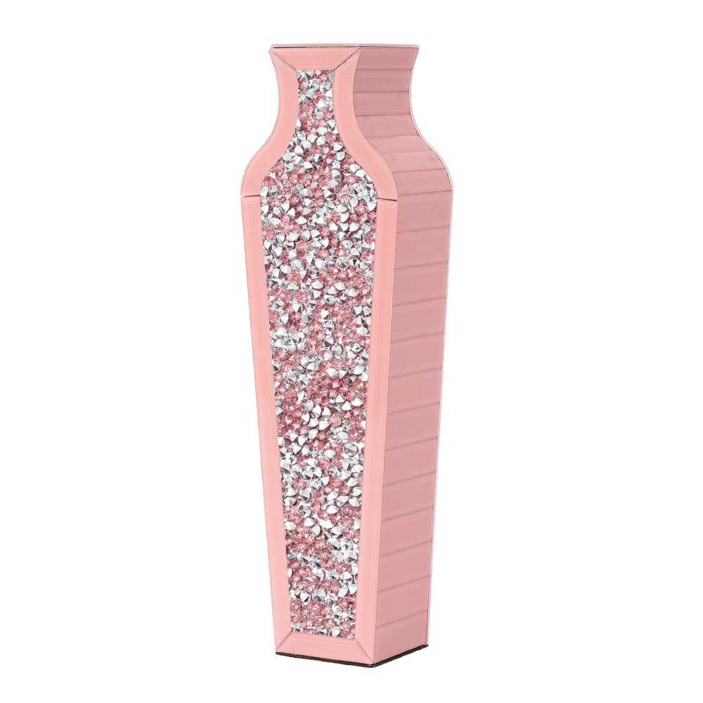 27" Pink Mirrored Glass Floor Vase With Faux Crystals
