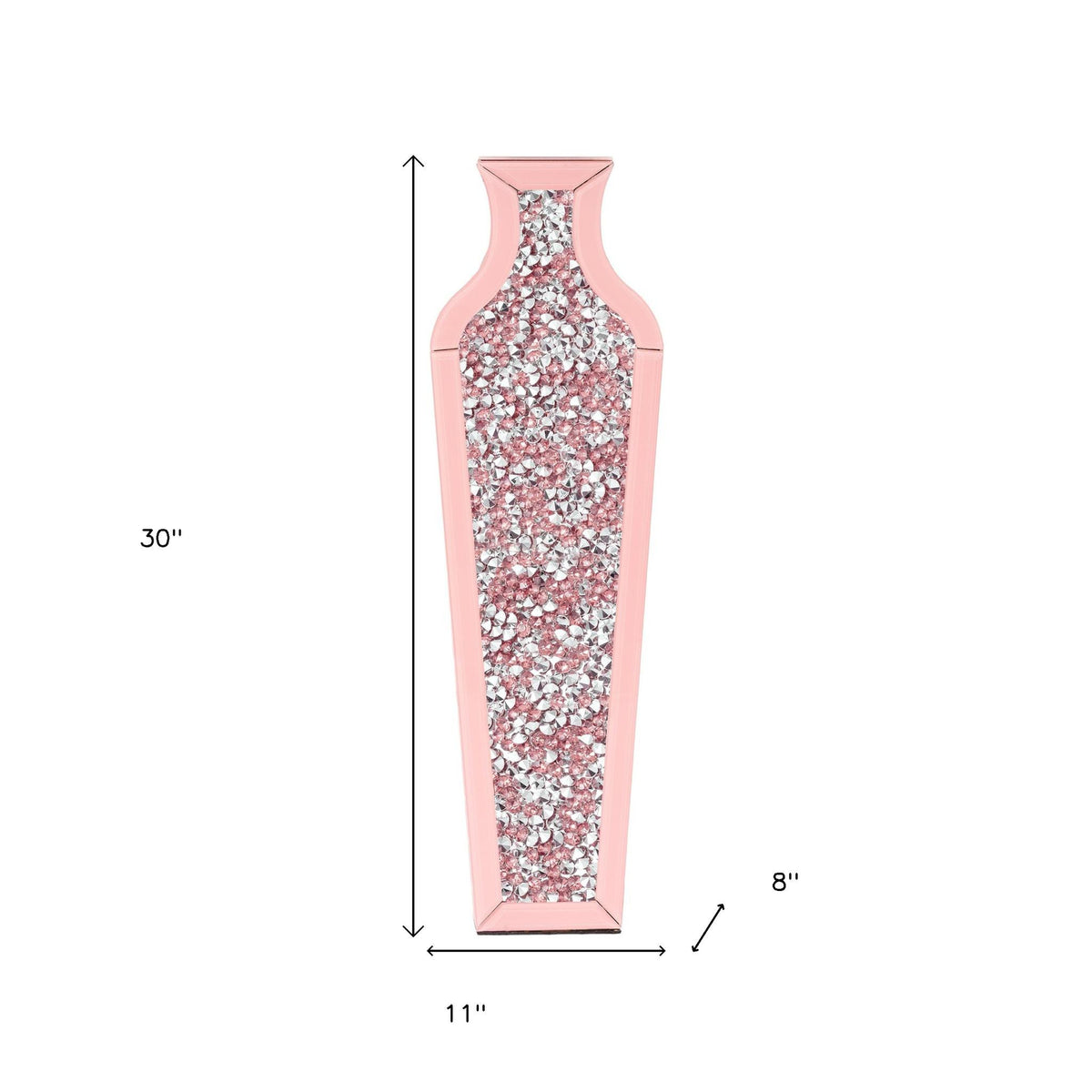 27" Pink Mirrored Glass Floor Vase With Faux Crystals