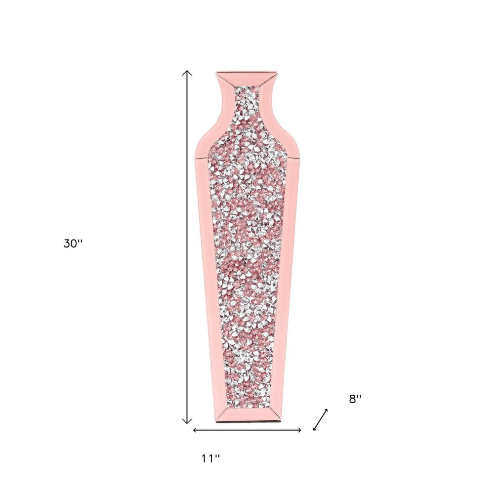 27" Pink Mirrored Glass Floor Vase With Faux Crystals