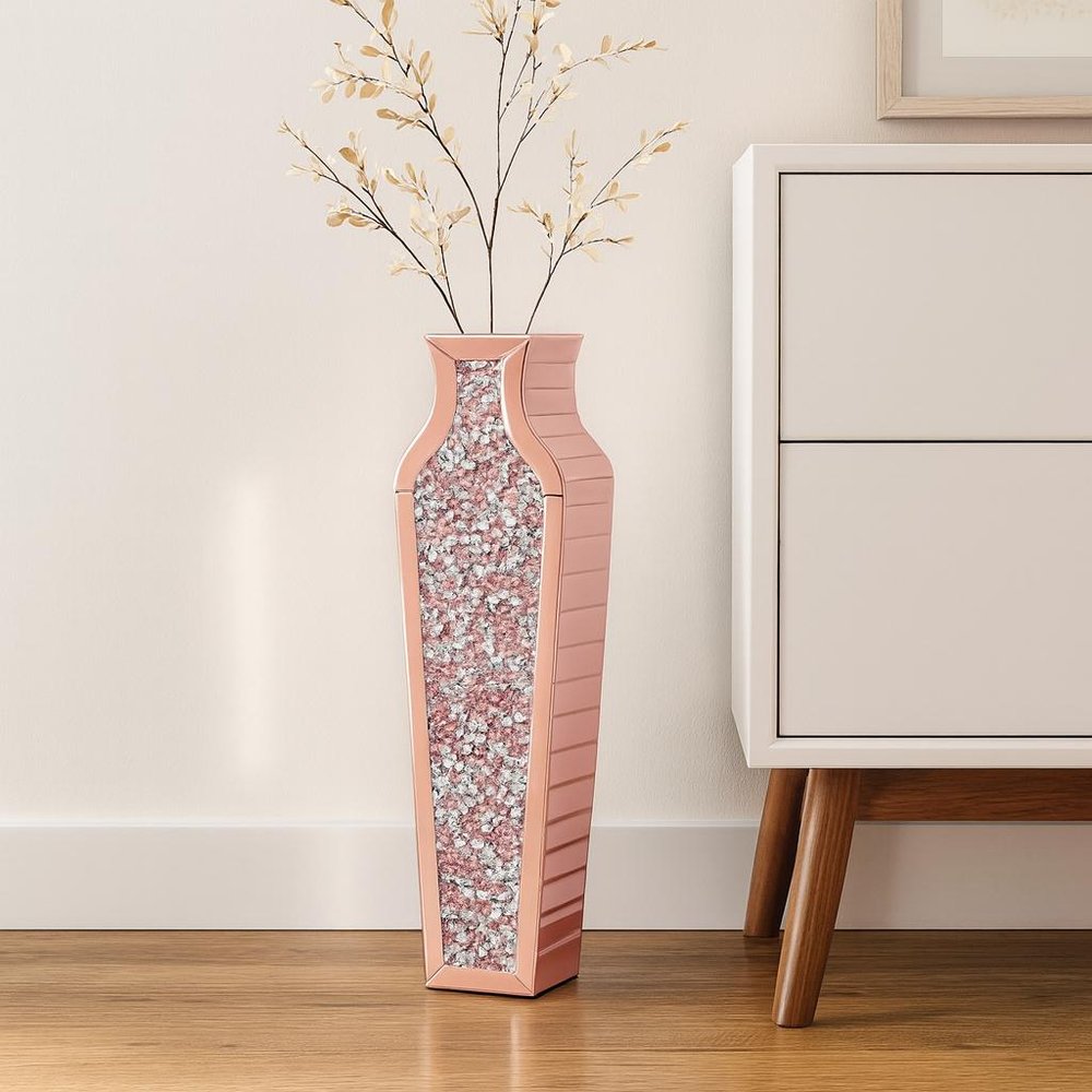 27" Pink Mirrored Glass Floor Vase With Faux Crystals