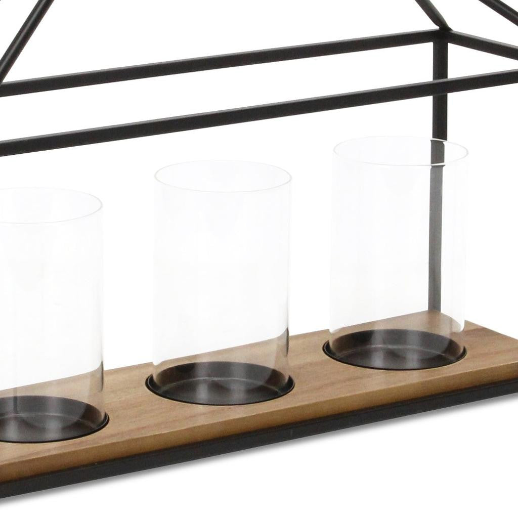 15" Black Metal Glass And Wood Geometric Three Light Hurricane Candle Holder