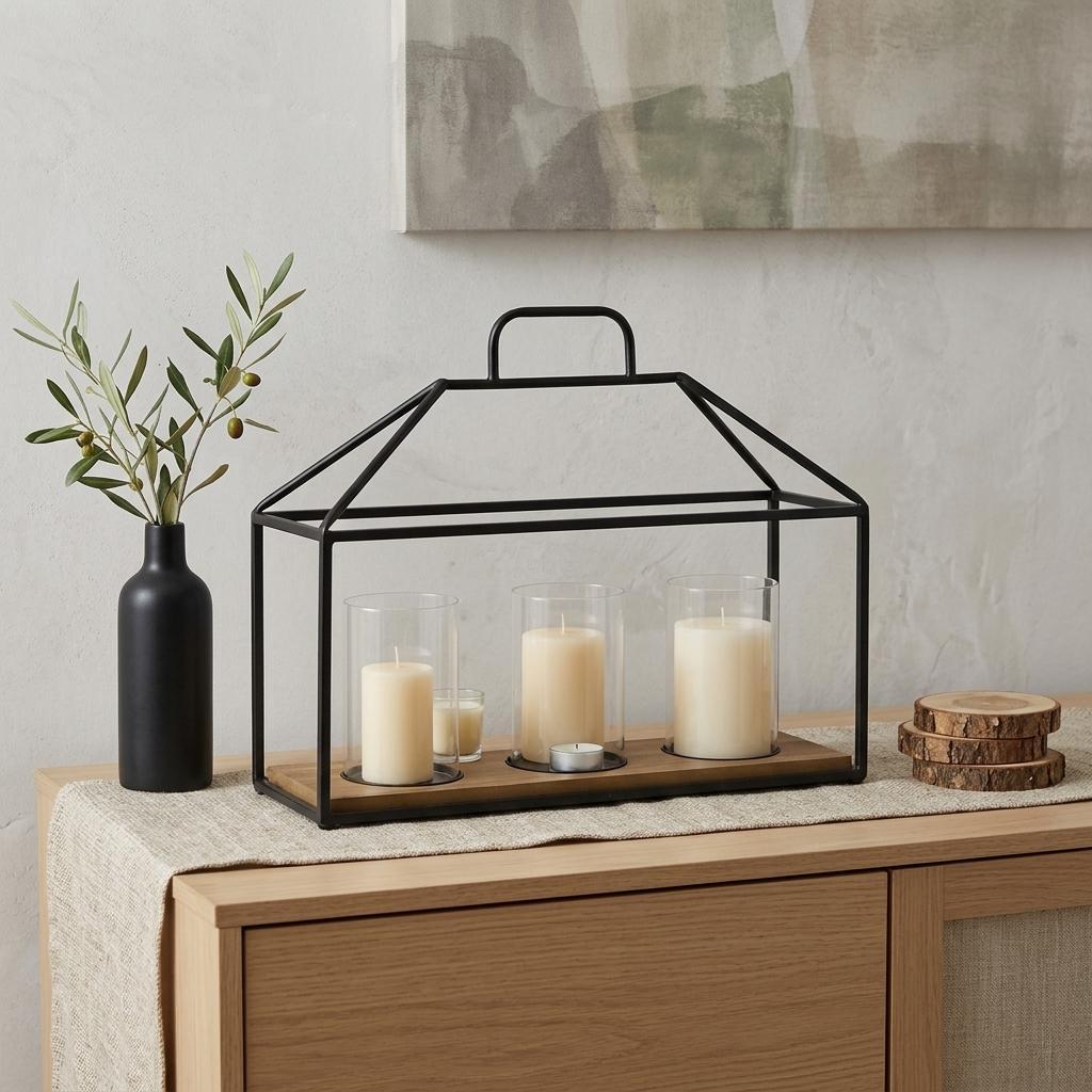 15" Black Metal Glass And Wood Geometric Three Light Hurricane Candle Holder