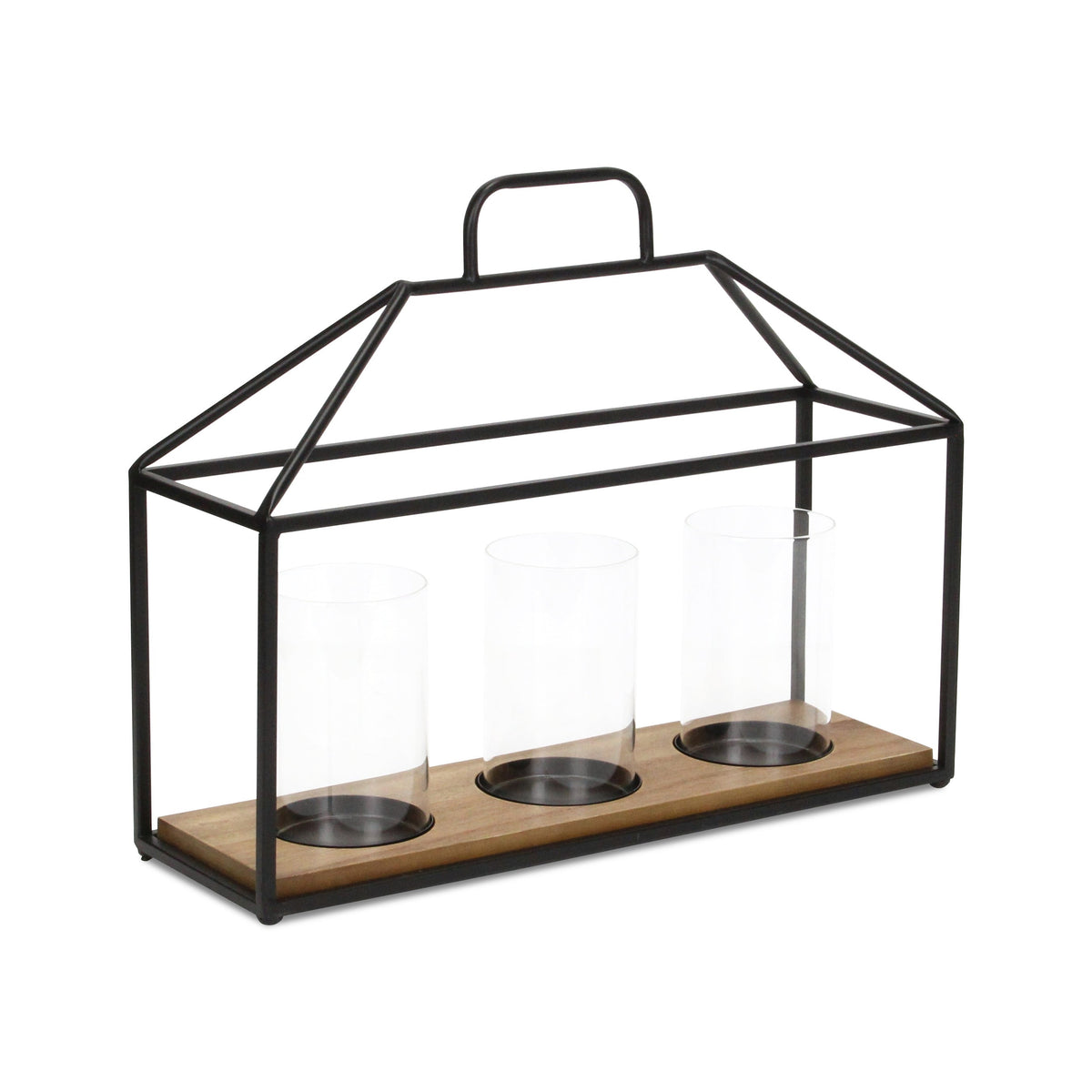 15" Black Metal Glass And Wood Geometric Three Light Hurricane Candle Holder