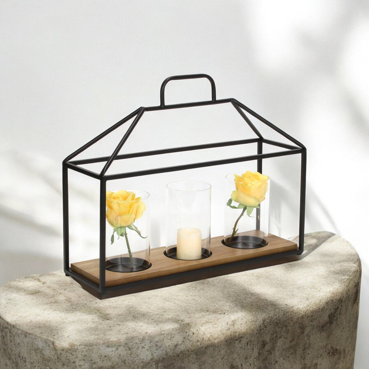 15" Black Metal Glass And Wood Geometric Three Light Hurricane Candle Holder