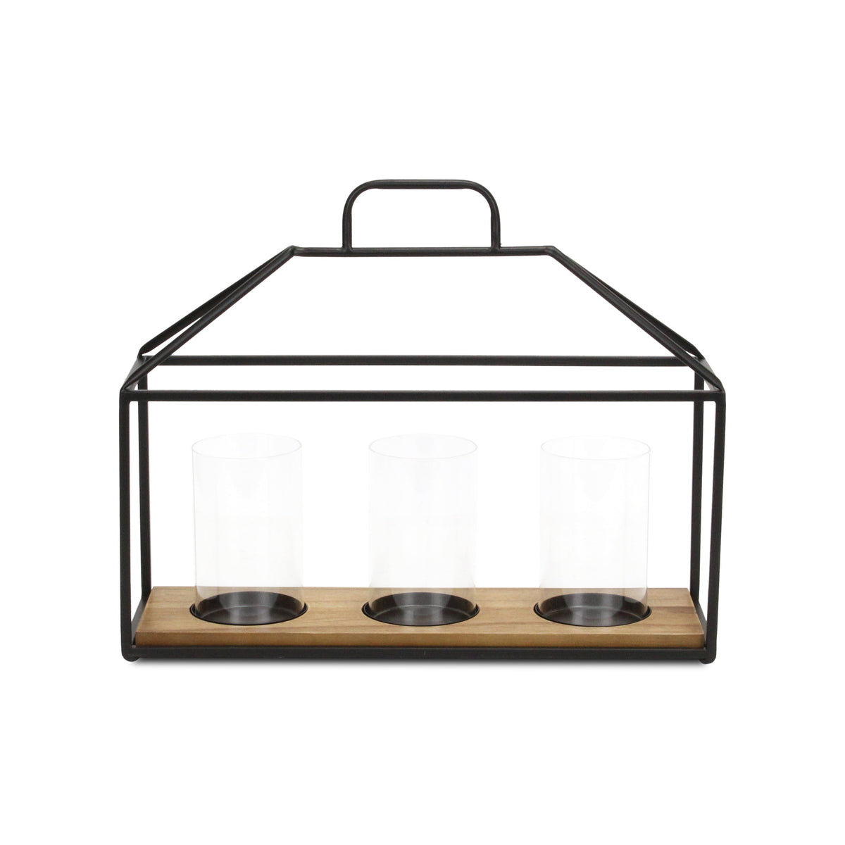 15" Black Metal Glass And Wood Geometric Three Light Hurricane Candle Holder