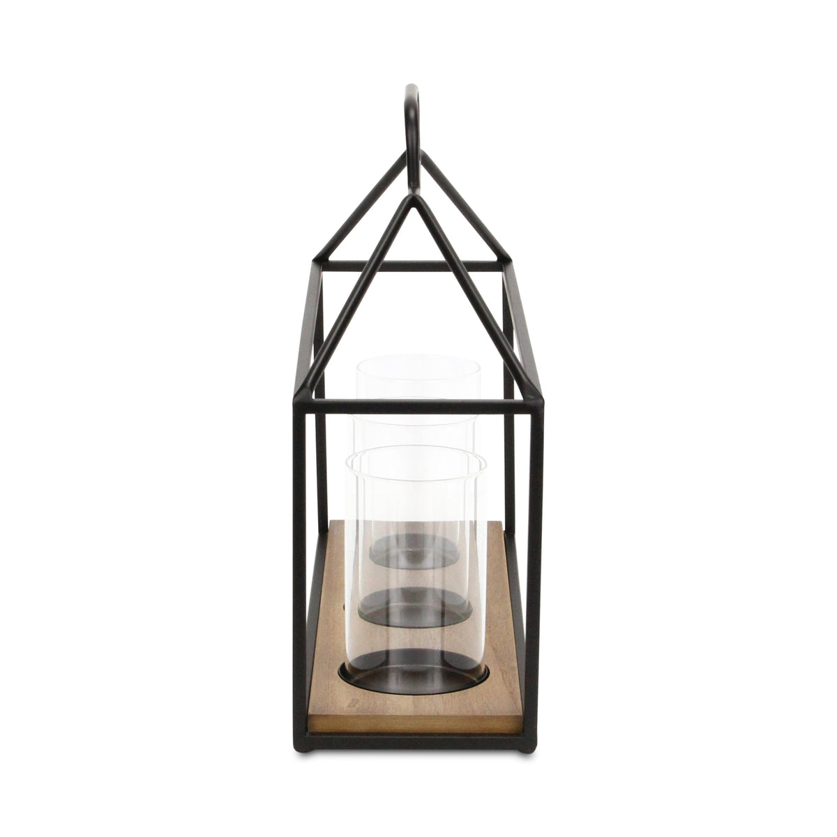15" Black Metal Glass And Wood Geometric Three Light Hurricane Candle Holder