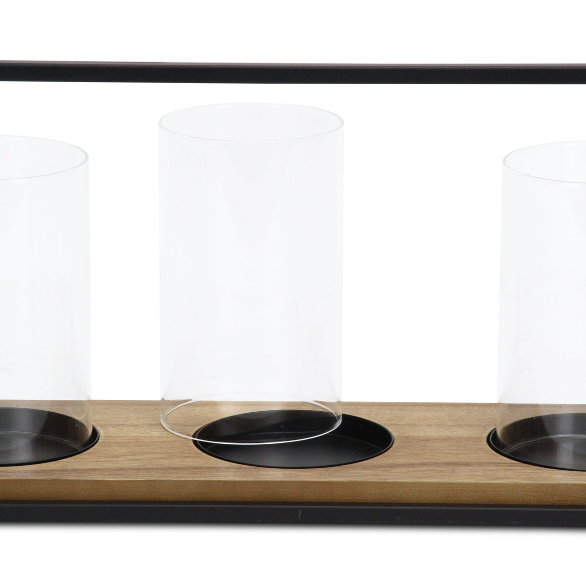 15" Black Metal Glass And Wood Geometric Three Light Hurricane Candle Holder
