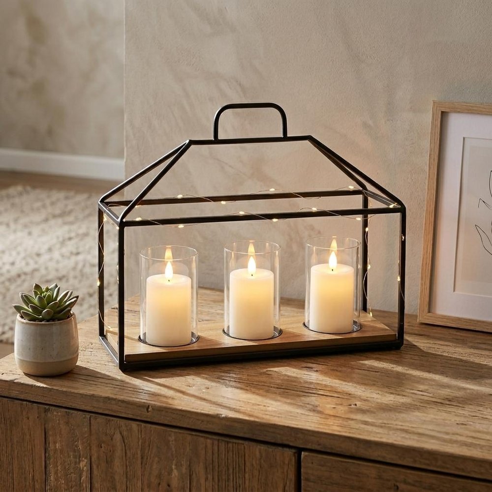15" Black Metal Glass And Wood Geometric Three Light Hurricane Candle Holder