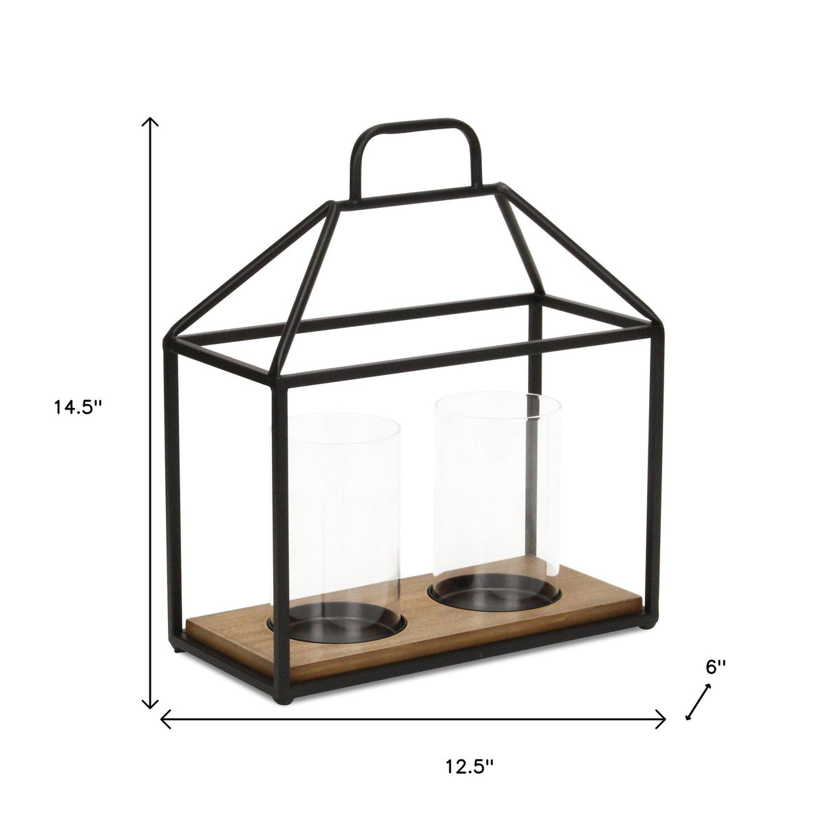 15" Black Metal Glass And Wood Geometric Two Light Hurricane Candle Holder