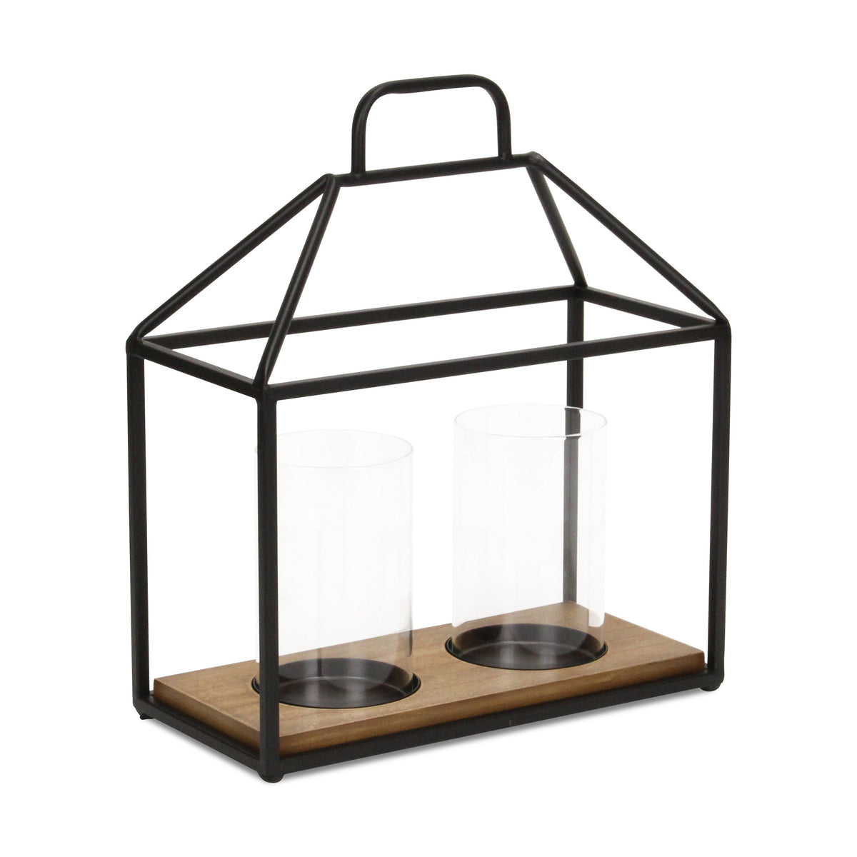 15" Black Metal Glass And Wood Geometric Two Light Hurricane Candle Holder