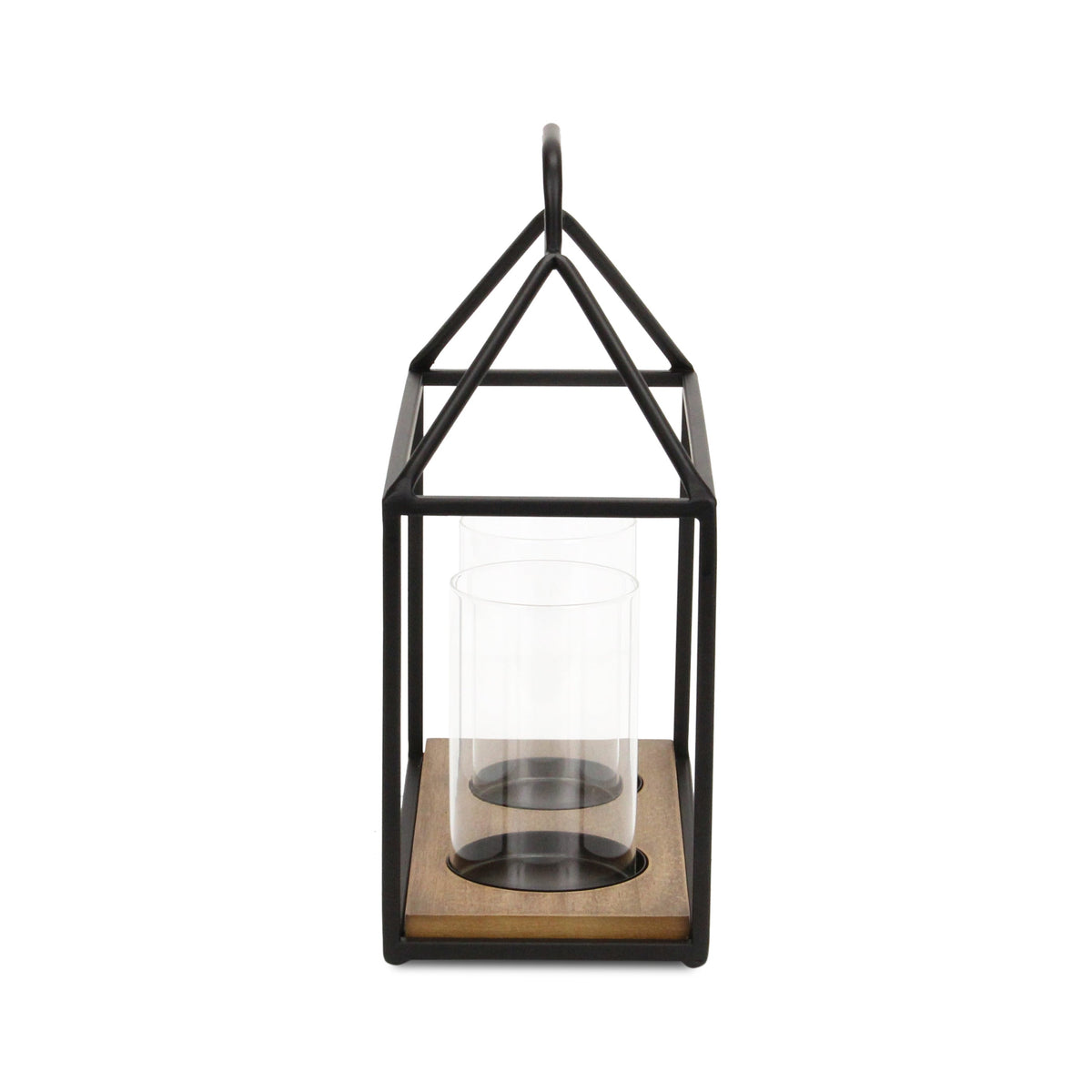 15" Black Metal Glass And Wood Geometric Two Light Hurricane Candle Holder