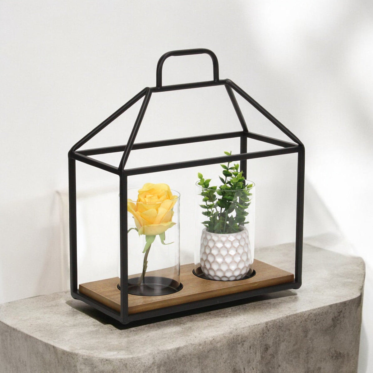 15" Black Metal Glass And Wood Geometric Two Light Hurricane Candle Holder